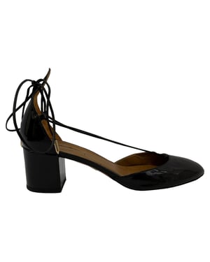 Aquazzura Alexa Mid-Heel Pumps in Black Patent Leather