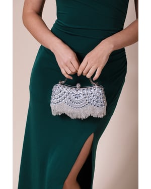 Embellished Fringe Clutch Bag In Silver