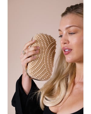 Oval Pearl Clutch Bag In Gold