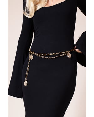 Rose Chain Faux Leather Belt In Black Gold