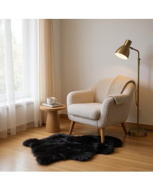 Äkta svart fårskinn silkeslen naturlig mjuk fluffig ullmatta