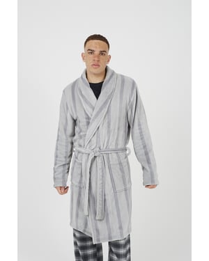 Grey Striped Long Length Sherpa Dressing Gown