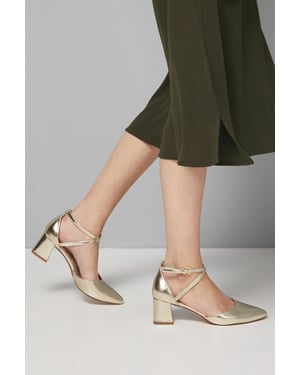 Good For The Sole: Wide Fit Millie Comfort Faux Metallic Leather Cross Strap Medium Heel Court Shoes