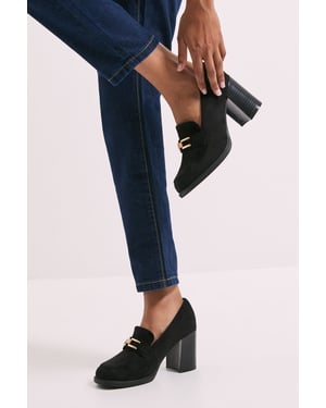 Wide Fit Benita Faux Suede Snaffle Detail High Block Heeled Loafers