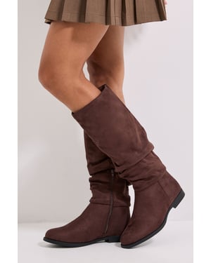 Karina Faux Suede Flat Knee High Ruched Boots