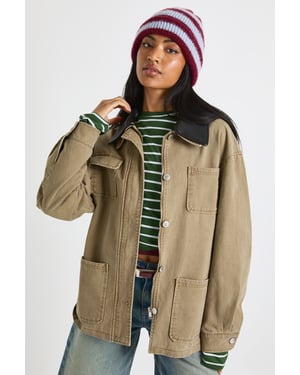 Faux Leather Contrast Collar Barn Jacket