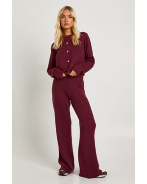 Pocket Detail Crew Neck Knitted Cardigan and Wide Leg Trouser