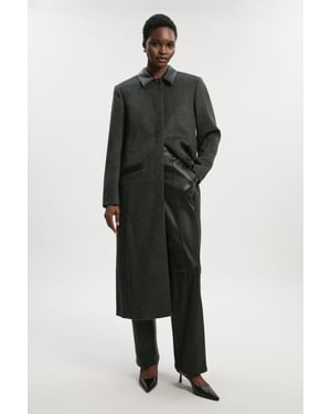Brushed Wool Check Pu Mix Tailored Midi Coat