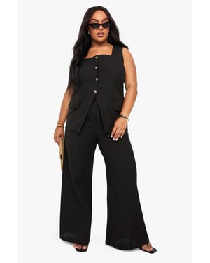 Plus Linen Look Square Neck Waistcoat And Tailored Wide Leg Trouser Co-Ord
