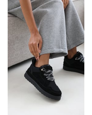 Wheres That From Womens 'Xavia' Suede Low Top Trainer Slipper With Faux Fur Lining