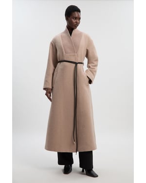 Wool Knitted Wrap Neck Belted Tailored Midi Coat
