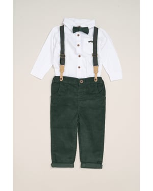 Corduroy Bow Tie Mock Shirt, and Trousers with Braces Outfit Set