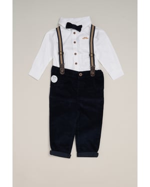 Corduroy Bow Tie Mock Shirt, and Trousers with Braces Outfit Set