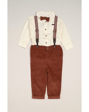 Corduroy Bow Tie Mock Shirt, and Trousers with Braces Outfit Set