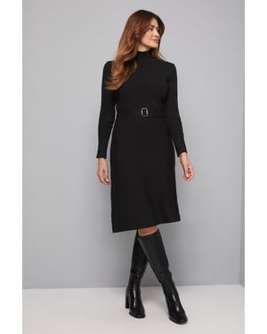 Rib Detail High Neck Belted Knitted Dress