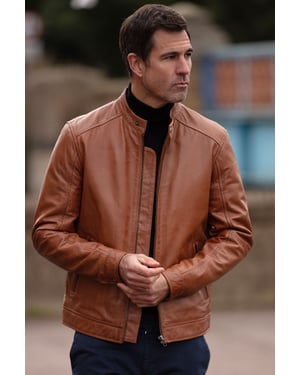 Real Leather Mandarin Collar Biker Jacket