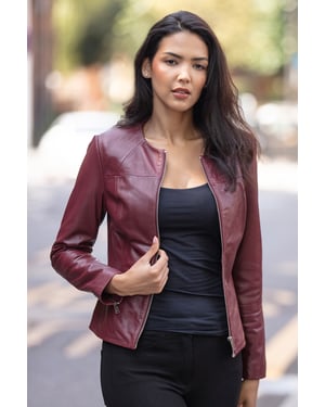 'Francesca' Collarless Real Leather Fashion Jacket