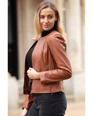 'Corina' Collarless Casual Leather Jacket