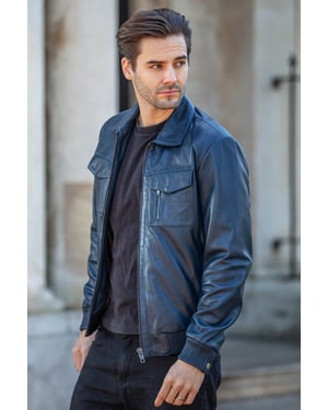 'Torino Classic' Real Leather Classic Bomber Jacket With Brando Collar