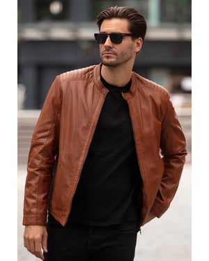 'Elio' Ashwood Leather Mandarin Collar Biker Jacket