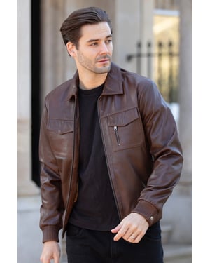 'Torino Classic' Real Leather Classic Bomber Jacket With Brando Collar
