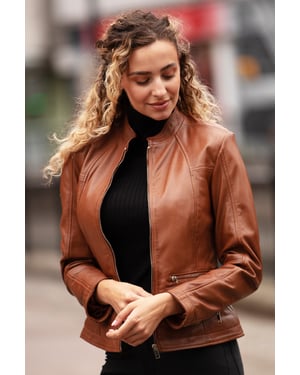 'Chiara' Mandarin Collar Real Leather Biker Jacket