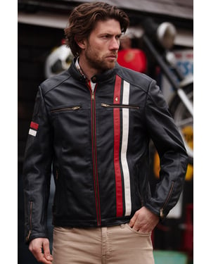 'GB McQueen' Real Leather Jacket With Striking Contrast Stripe Details