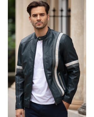 Real Leather Casual Jacket with Contrast Stripes