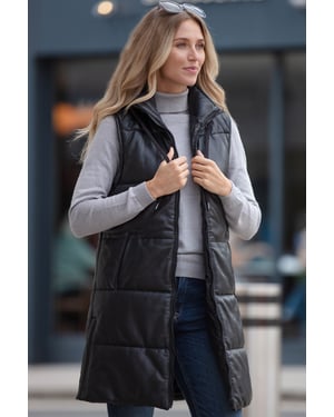 'Giacca' Leather Long Gilet With Detachable Hood