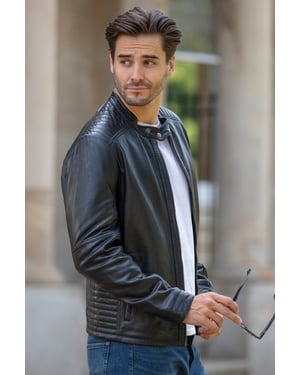 'Elio' Ashwood Leather Mandarin Collar Biker Jacket