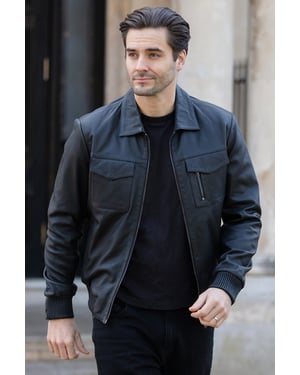 'Torino Classic' Real Leather Classic Bomber Jacket With Brando Collar