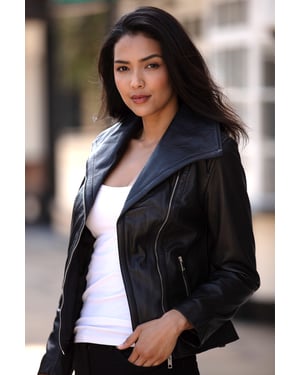'Isabella' Real Leather Wide Collar Biker Jacket