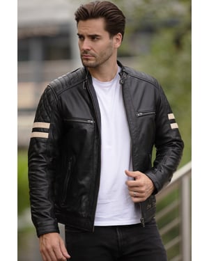 'Nova' Ashwood Leather Contrasting Stripe Biker Jacket