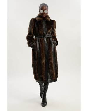 Faux Fur PU Panelled Belted Midi Coat