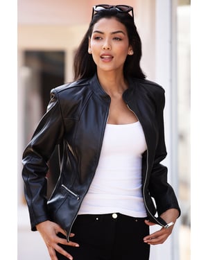 'Chiara' Mandarin Collar Real Leather Biker Jacket