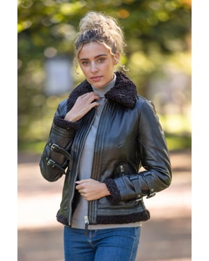 '2419' Ladies Leather Aviator Jacket with Faux Fur Lining