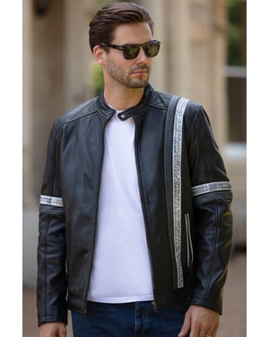Real Leather Casual Jacket with Contrast Stripes