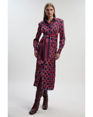 Geo Print Hammered Satin Tie Waist Woven Midi Dress