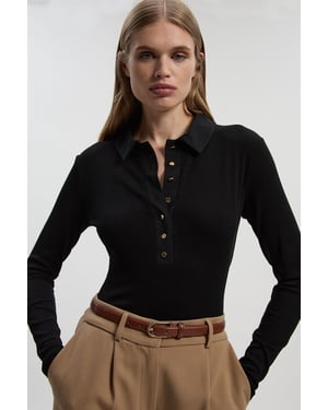 Viscose Rib Jersey Long Sleeve Collared Button Top