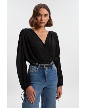 Stretch Drapey Crepe Ruched Plunge Neck Batwing Sleeve Bodysuit