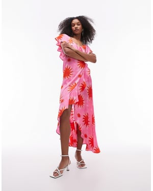 Topshop – Rosa och röd maxiklänning med volangmönster och omlottmönster
