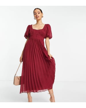 ASOS DESIGN Petite – Vinröd midiklänning med puffärm och plisserad dobbyklänning med vågig kant