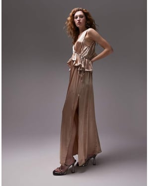 Topshop – Rosafärgad maxiklänning med volang och peplummönster – LPINK