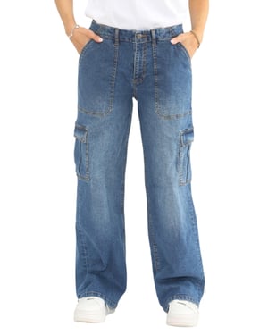 MYT Womens Wide Leg Baggy High Waisted Cargo Pocket Jeans in Blue