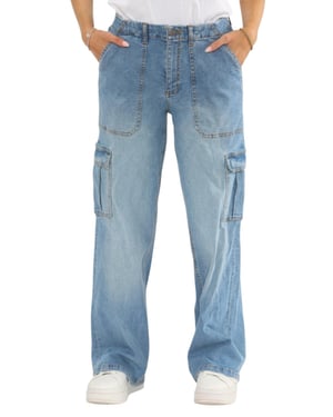 MYT Womens Wide Leg Baggy High Waisted Cargo Pocket Jeans in Light Blue
