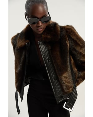 Faux Fur PU Panelled Belted Cropped Jacket
