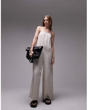 Topshop – Havregrynsfärgad jumpsuit i linne med fickor