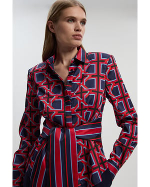 Geo Print Hammered Satin Tie Waist Woven Shirt