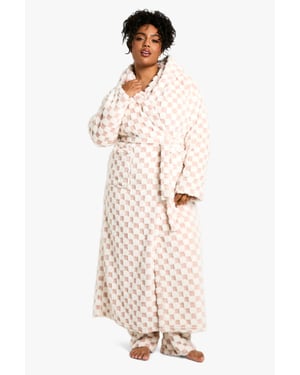 Plus Baby Pink Checkerboard Maxi Fleece Dressing Gown
