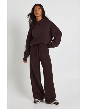 Petite Super Soft Crew Neck Knitted Chunky Cardigan and Wide Leg Trouser Co-Ord